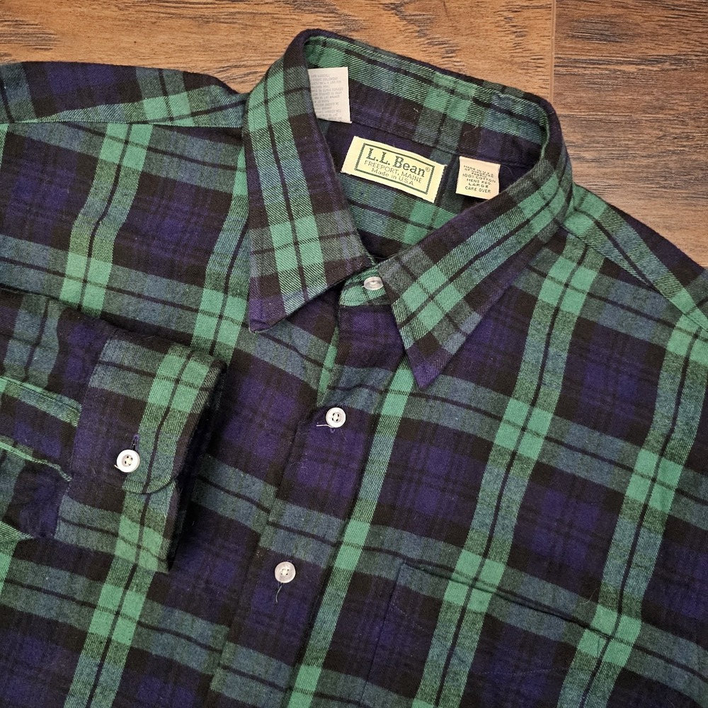 L.L.Bean‎ Mens Large Blue Green Check Plaid Flannel Button Up Outdoors Comfort